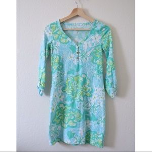 Lilly Pulitzer Blue & Green Palmetto Button Front Shirt Dress Size XXS